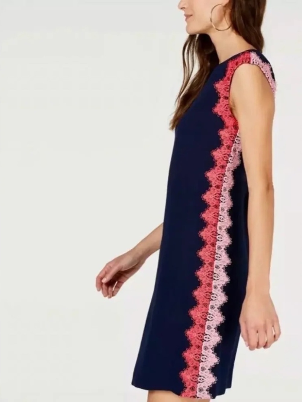 Trina Turk Whim Crochet Lace Trim Appliqué Shift Dress Navy Blue Size 16 NWT - Picture 1 of 15